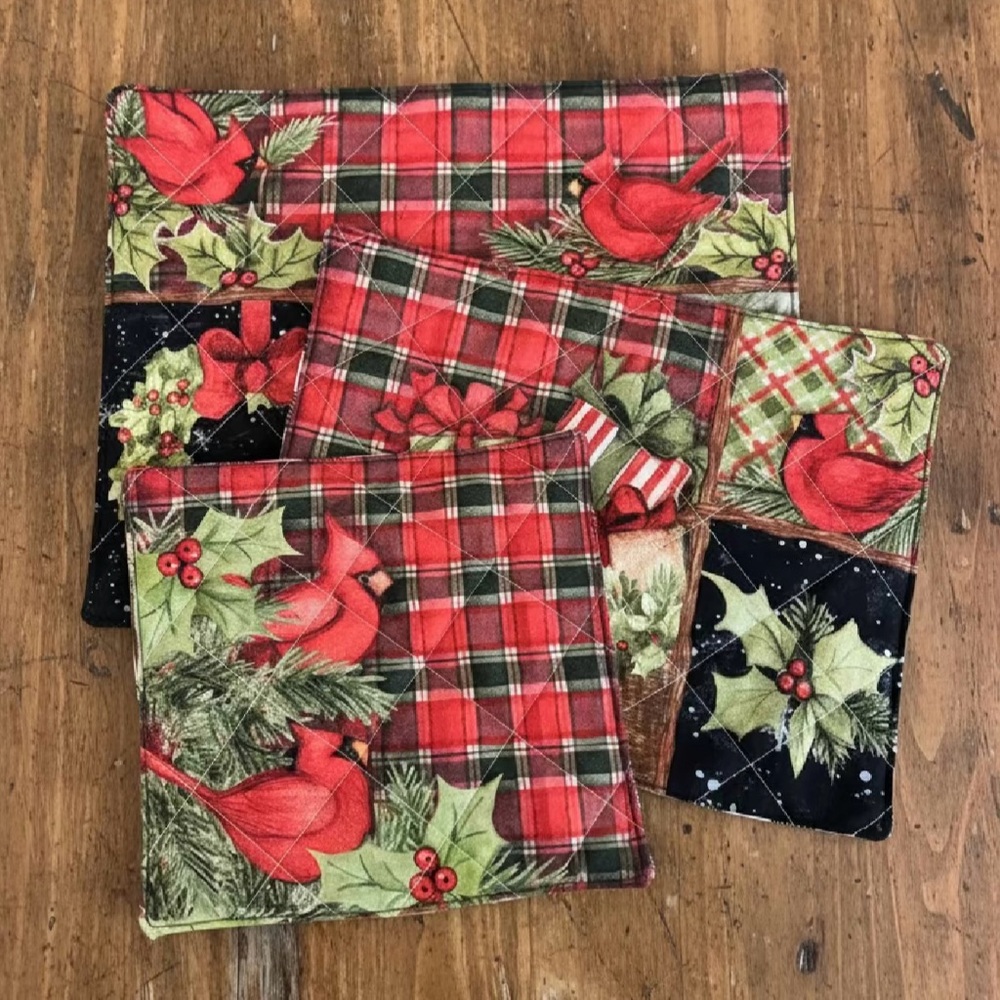 Festive Cardinal Plaid Coasters Set